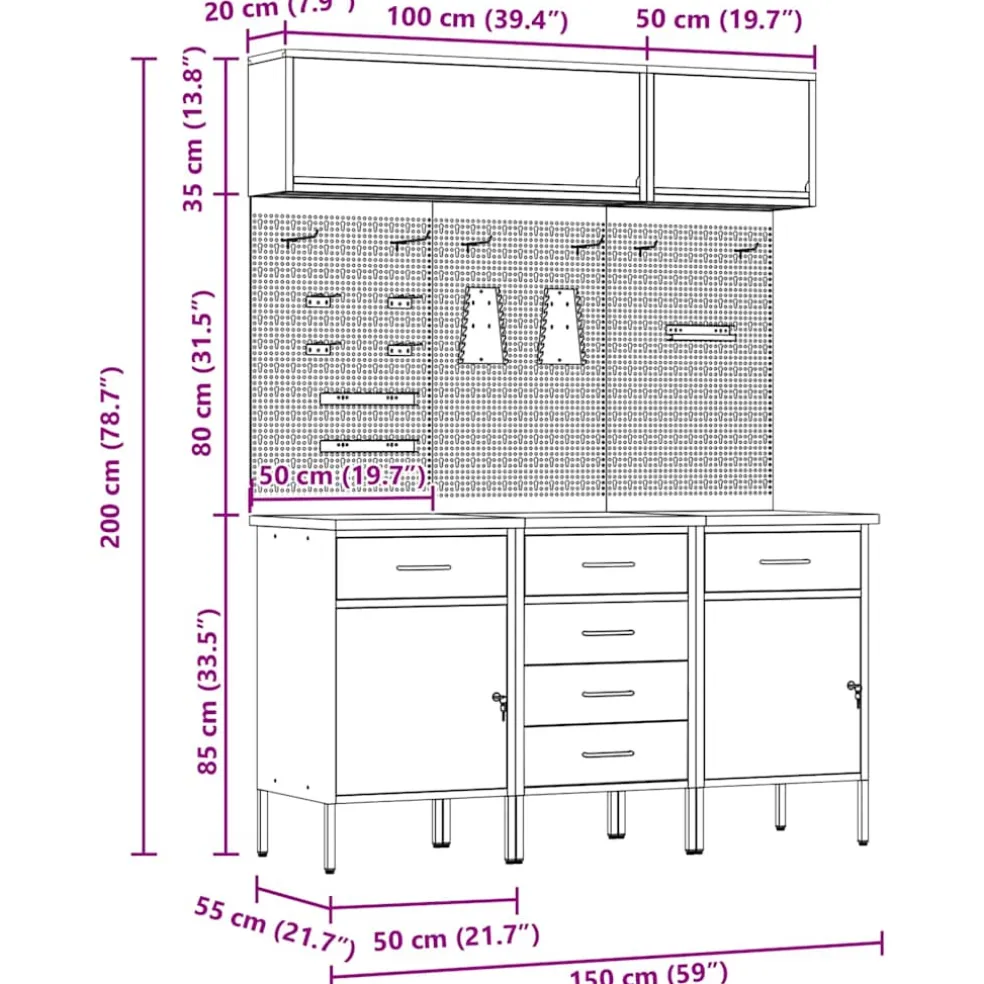 vidaXL Werkkast set 8 st Rood Poedergecoat staal en gefabriceerd hout