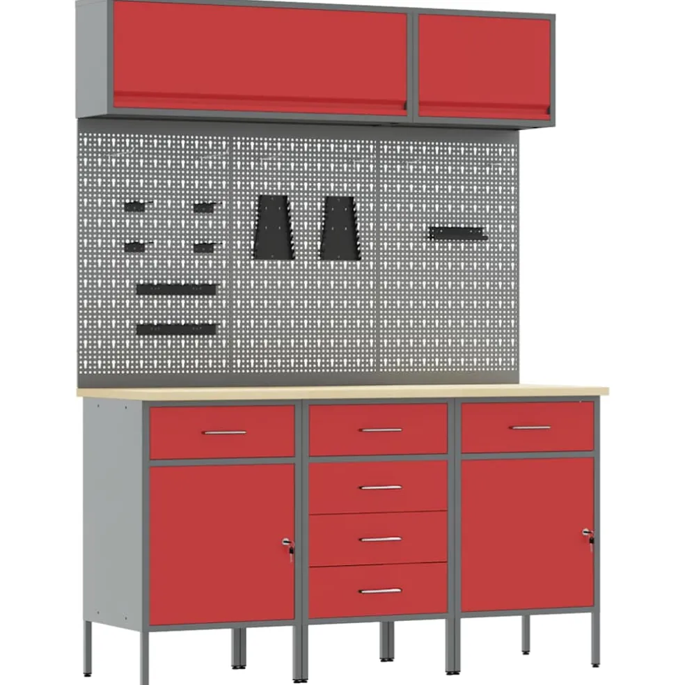vidaXL Werkkast set 8 st Rood Poedergecoat staal en gefabriceerd hout