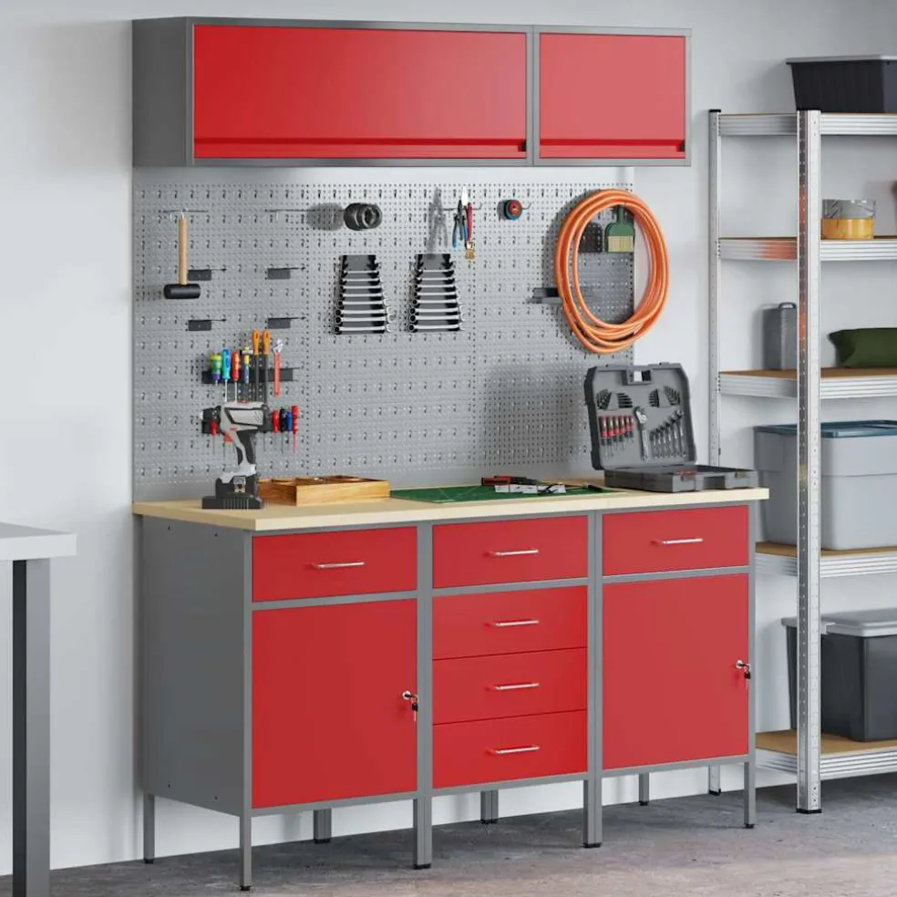 vidaXL Werkkast set 8 st Rood Poedergecoat staal en gefabriceerd hout