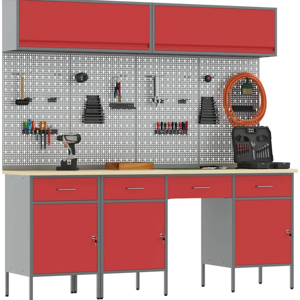 vidaXL Werkkast set 10 st Rood Poedergecoat staal en gefabriceerd hout
