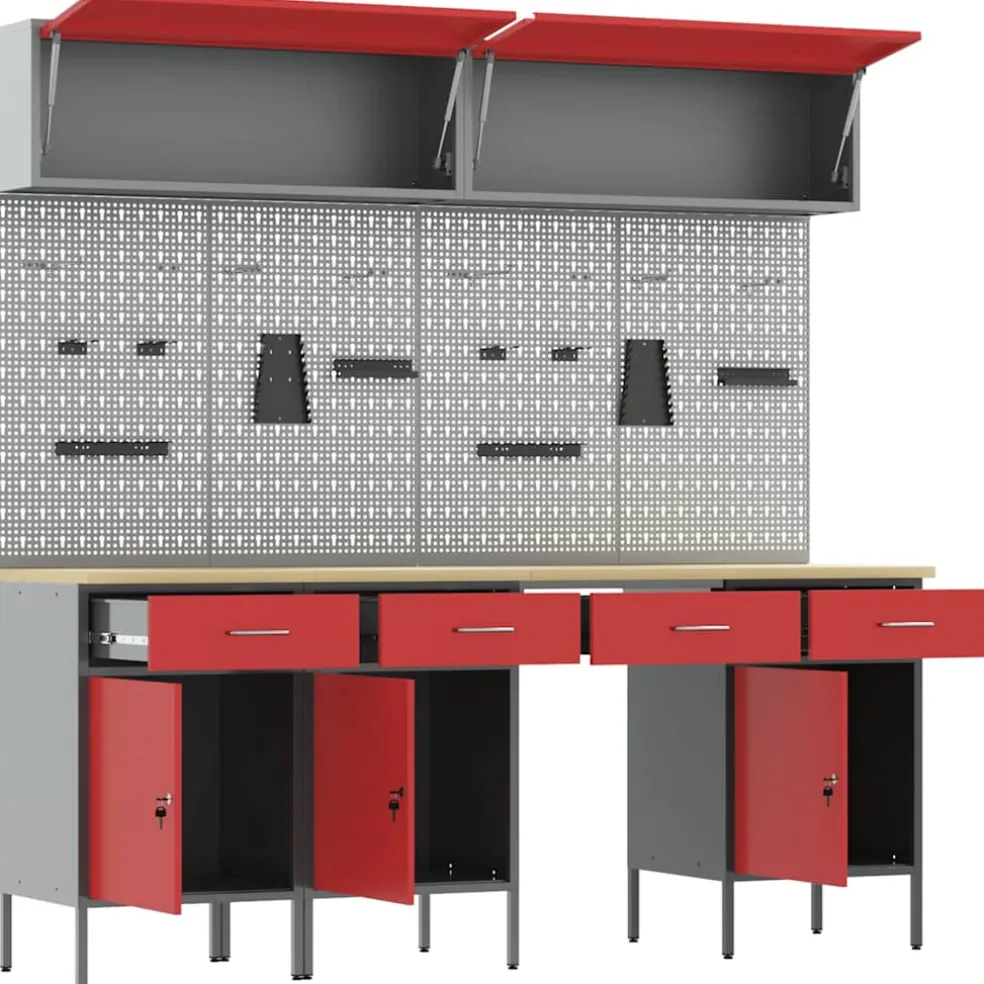 vidaXL Werkkast set 10 st Rood Poedergecoat staal en gefabriceerd hout