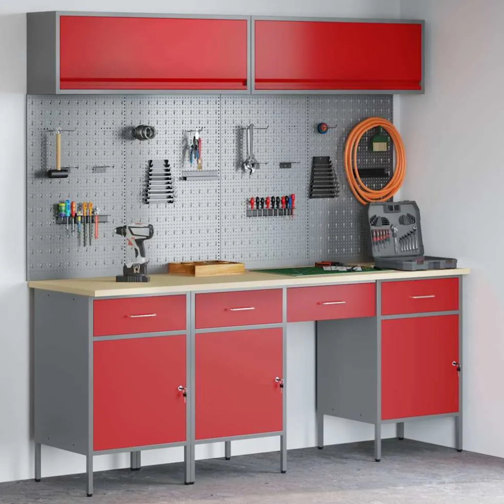 vidaXL Werkkast set 10 st Rood Poedergecoat staal en gefabriceerd hout