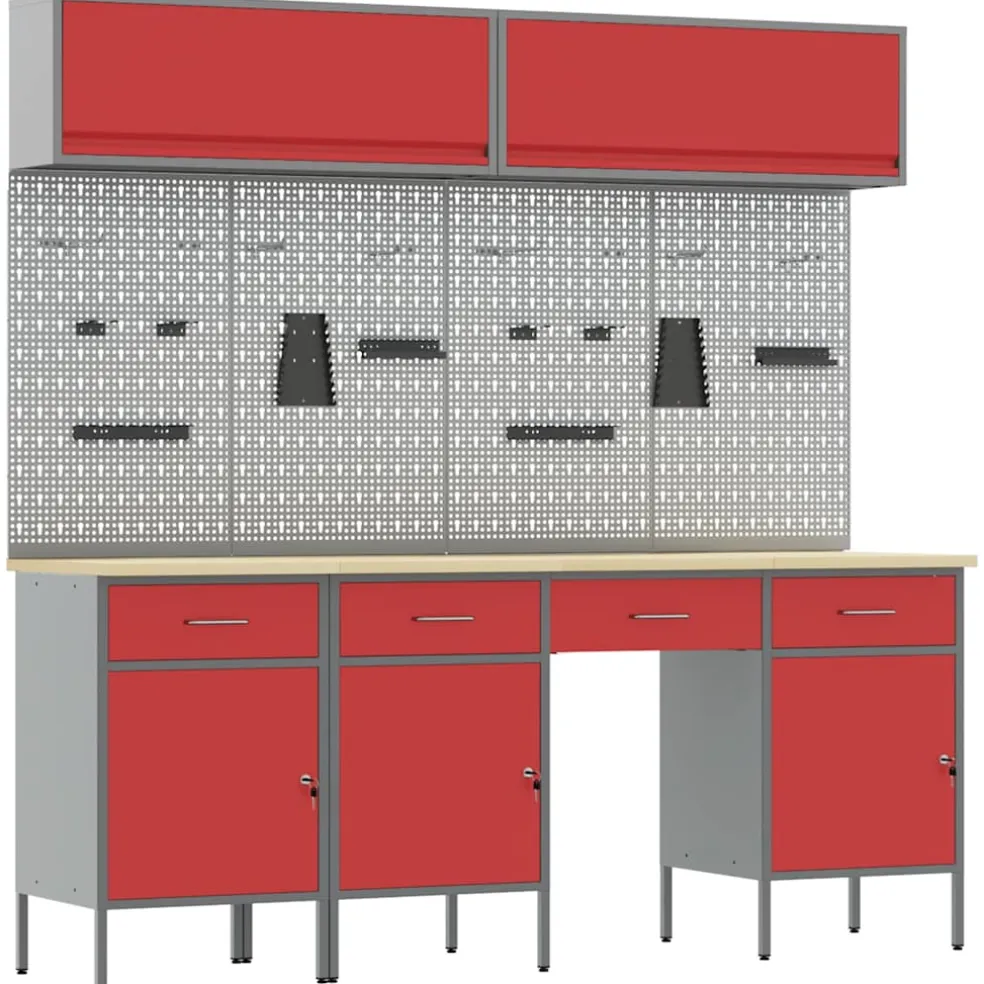 vidaXL Werkkast set 10 st Rood Poedergecoat staal en gefabriceerd hout