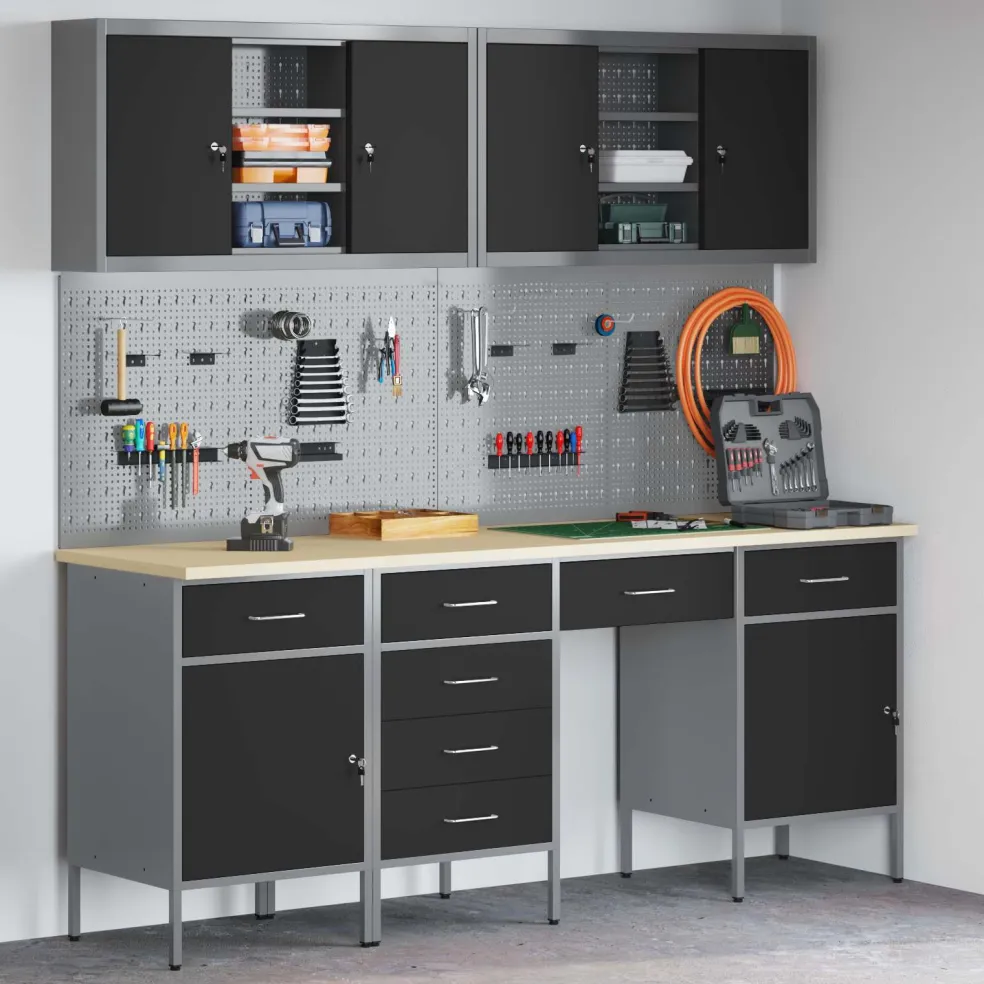 vidaXL Werk kast 10 st Zwart en Grijs Engineered hout en staal