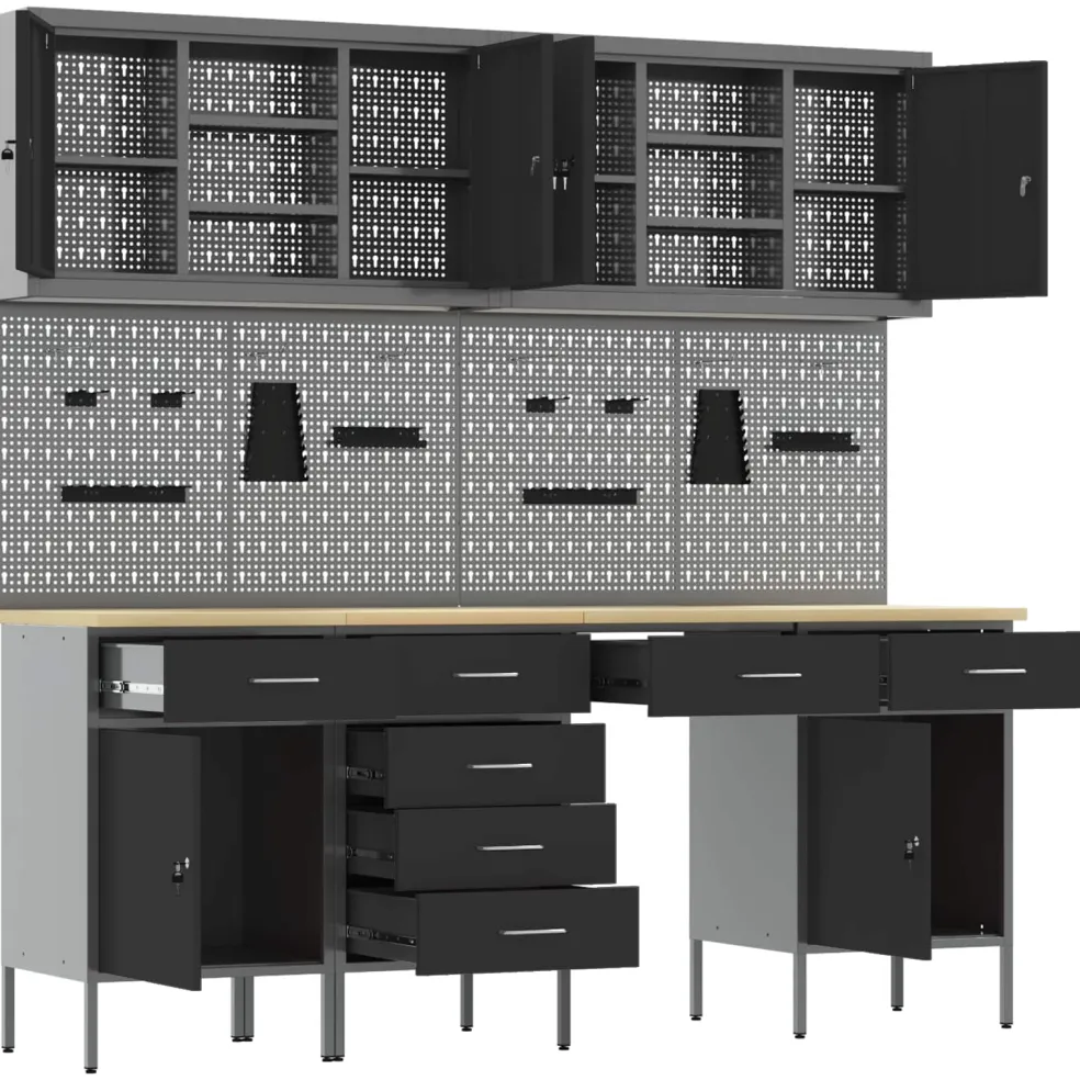 vidaXL Werk kast 10 st Zwart en Grijs Engineered hout en staal
