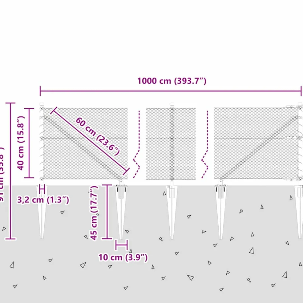 vidaXL zeshoekig gaasgek met palen 10 x 0,4 m PVC-Coated Staal Grijs